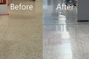 Before after showing dull and light shiny terrazzo floor
