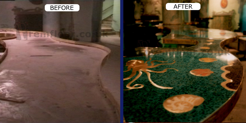 Before and after showing a terrazzo bar countertop with sea creatures